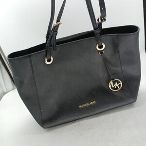 Michael Kors Jet Set Travel Medium Black Saffiano Leather Tote Bag Gold   s12